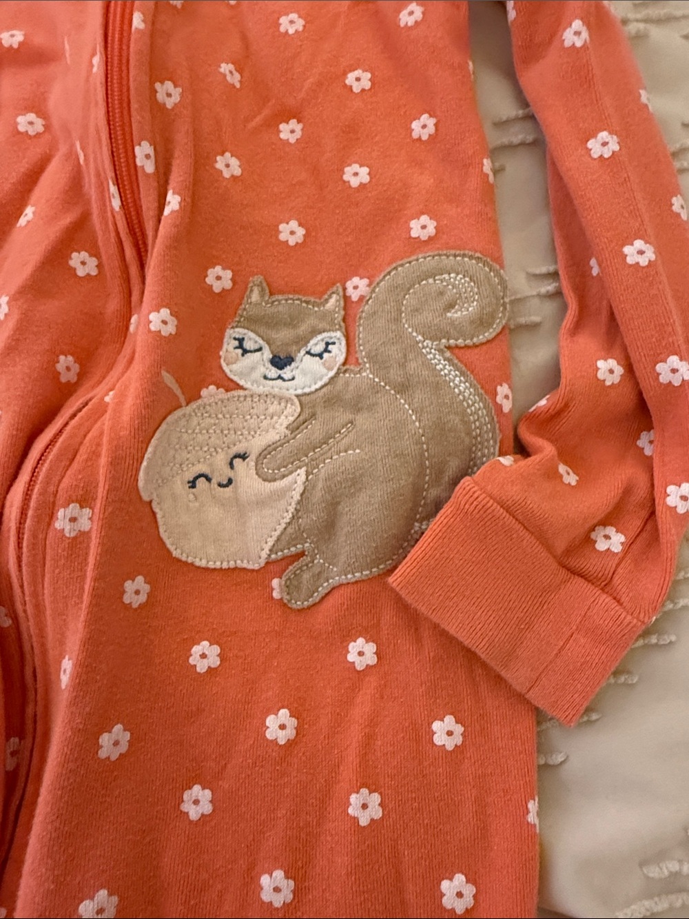 Orange Floral Baby Girls Pajamas with Squirrel Patch - Picture 2 of 7
